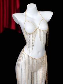 Nightclub Sexy Luxury Multi-Layer Crystal Chain Tassel Body Chain Set For Women - Gold - View 3