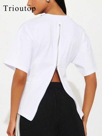 Trioutop Camiseta casual de mujer de cuello redondo y manga corta en color blanco