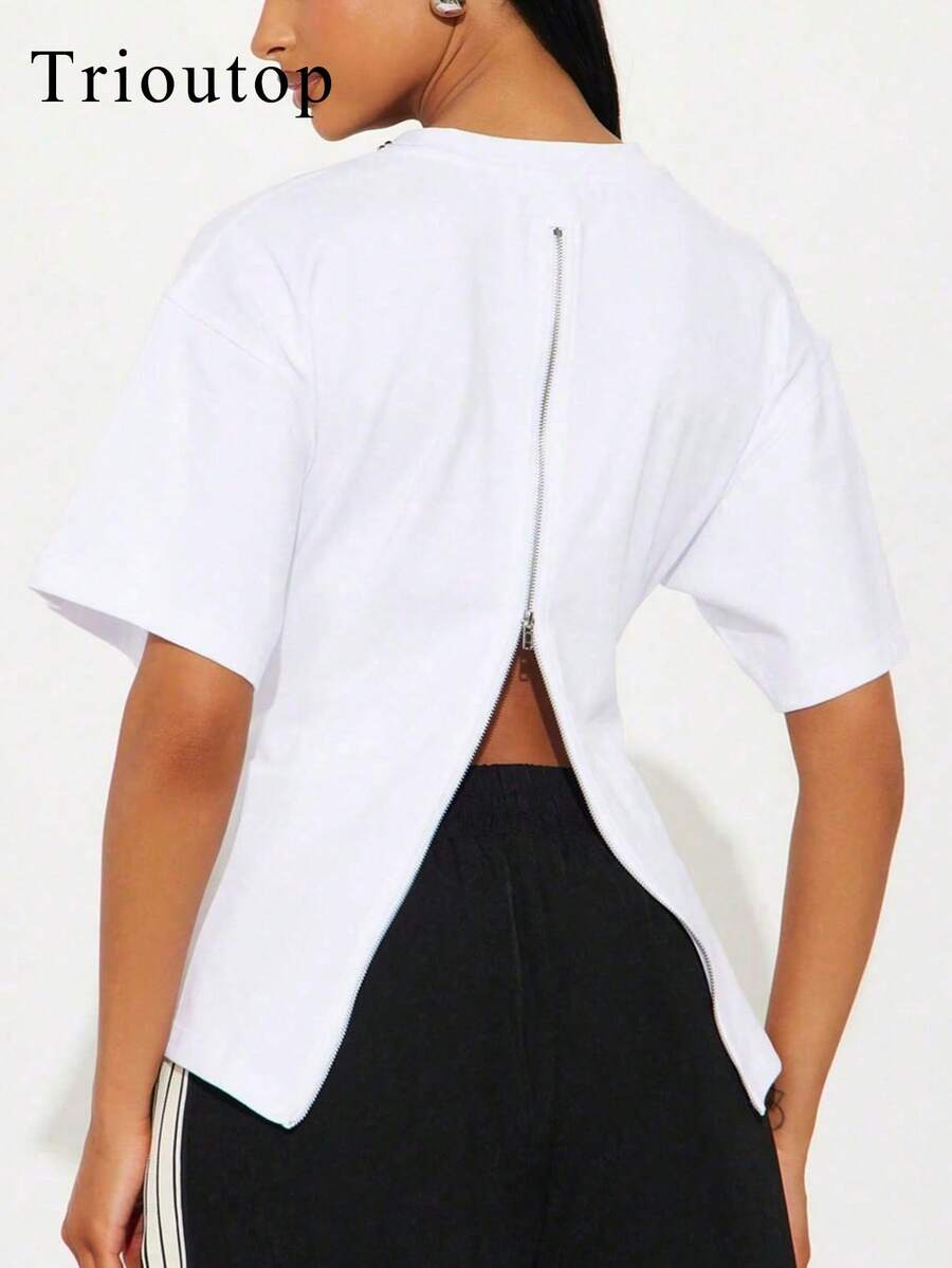 Trioutop 女士白色圆领短袖休闲百搭T恤 - 白色 - 查看 1
