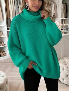 Femmes grande taille Mode simple Pull rose col montant manches longues, Top tricoté ample et décontracté, Convient pour la Saint-Valentin et le port quotidien - Bleu canard - Voir 4