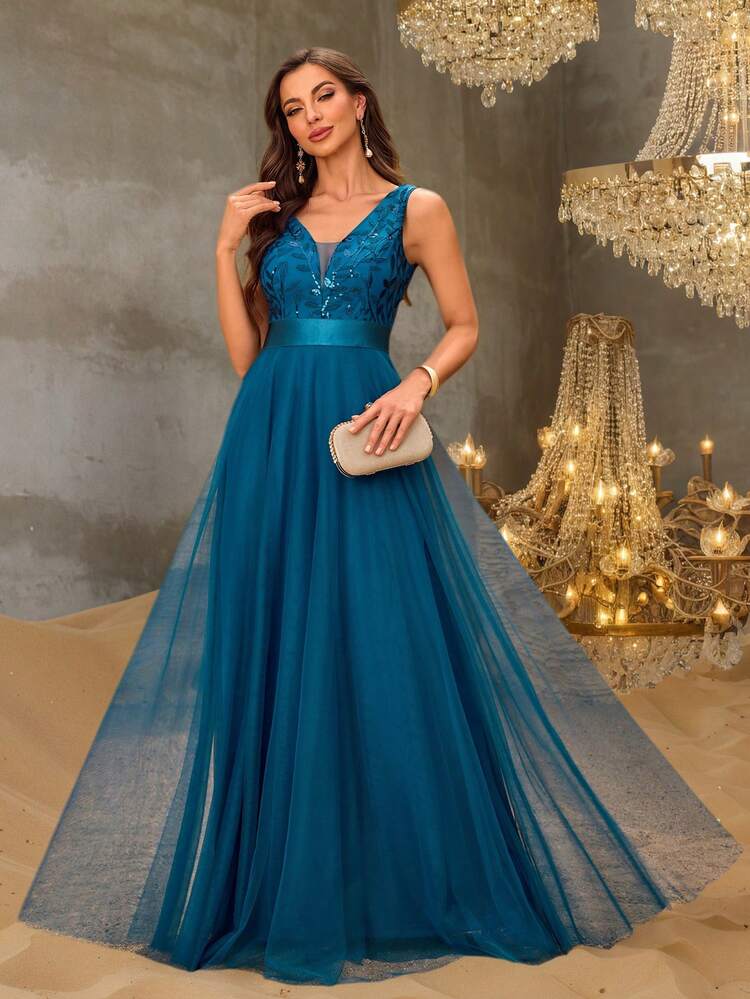Vestido de dama de honor formal de línea A con cuello en V sin mangas, bordado y de malla, vestido de fiesta elegante, vestido de invitado de boda formal, vestido de ceremonia de graduación, vestido de noche de primavera - Agua verde azul - Añade 8