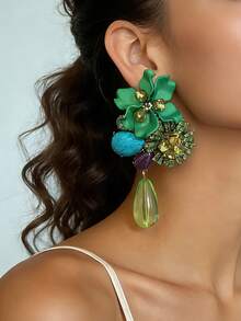 1 Pair Retro Exaggerated Versatile Resin Flower & Water Drop Long Dangle Earrings, Statement Piece - Waterdrop Resin Earrings - View 4