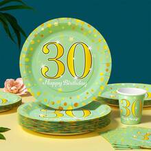 30th Birthday Yellow Polka Dot On Green Disposable Plates, Napkins, Cups - One-Time Party Supplies Set, Fits 25 Guests, Disposable Paper Plates Party Tableware Suitable For Birthday, Wedding, Theme Party, Family Picnic - Multicolor - View 3