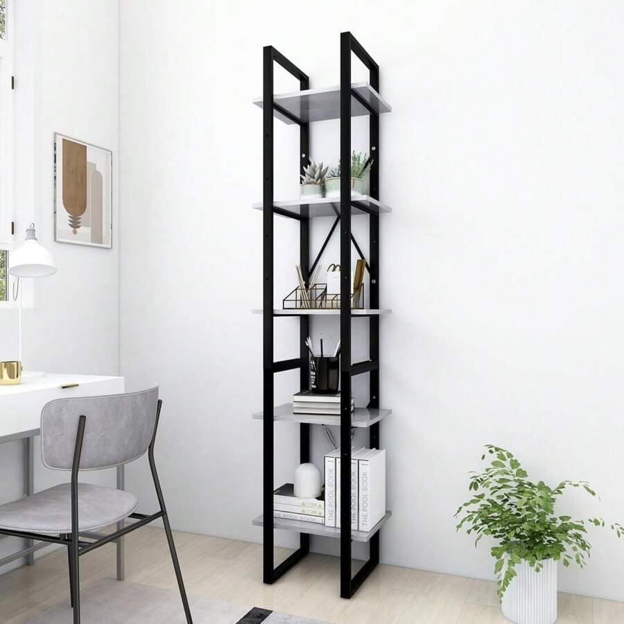 vidaXL Bibliothèque de 5 niveaux Gris béton 40x30x175cm Bois ingénierie - Gris - Voir 1