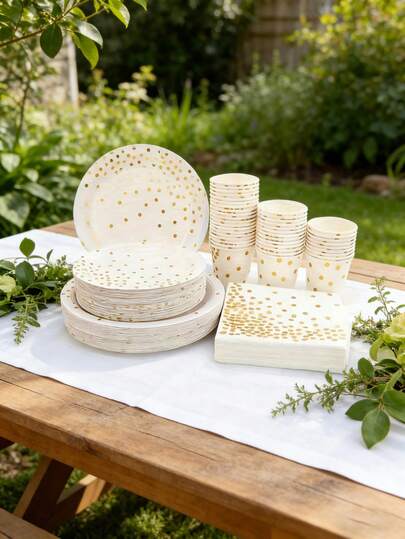 24Pcs/Set Gold Dot Disposable Party Dinnerware Set, Includes Paper Plates, Cups, Napkins For Birthday, Wedding, Bridal Shower, Heavy Duty White & Gold Party Supplies