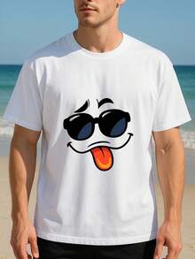 100% Algodón Puro 220g Camiseta para Hombres | Patrón Divertido de Cara con Gafas y Lengua Afuera | Cuello Redondo Manga Corta | Simple y Fashion | Ropa Casual Versátil VTVV - Foto-1 - Ver 2