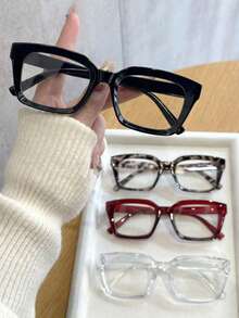 4pcs Women's Plastic Rhinestone Square Full-Rim Multi-Color Elegant Portable Perfect Ins Style Casual Transparent Glasses, Suitable For Office Outfits, Fits All Face Shapes As Decoration - 4pcs 黑透明透紅白豹紋 - 查看 2