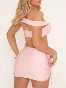 Women's 3 Piece Off Shoulder High Cut Bikini Set With Tie Side Cover Ups - Pink - View 2