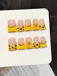 10Pcs Glossy False Nails With Sakura Decor Yellow Edge Press On Nails For Wedding Party Festival Daily Wear Nail Supplies - Multicolor - View 4