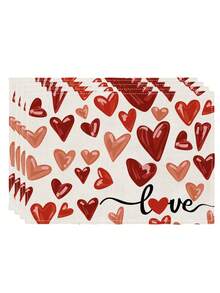 4 piezas Manteles individuales con estilo de granja, resistentes al calor, con diseño de rayas y corazones rojos en acuarela, adecuados para mesas redondas de patio, fiestas, cocinas, comedores, reuniones de té de la tarde