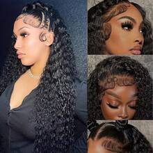 34 Inch Natural Lace Front Wigs Blended Human Hair Deep Wave 13x4 HD Transparent Lace Frontal Wig For Women 200% Density Curly Wet And Wavy Lace Front Wigs Human Hair Glueless Wig - Natural & Black - View 3