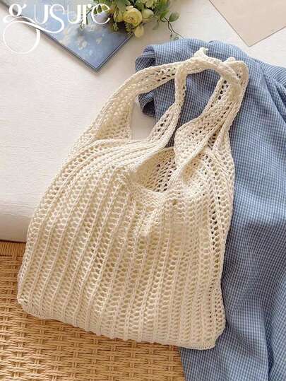 Large Capacity Shoulder Bag, Casual Hollow Grid Knitted Multi-Color Beach Bag, Knitted Polyester Shopping Tote Bag, Vacation Solid Color Large Capacity Knitted Shoulder Bag, Bohemian Crochet Handbag, Hollow Woven Tote Bag, Casual Summer