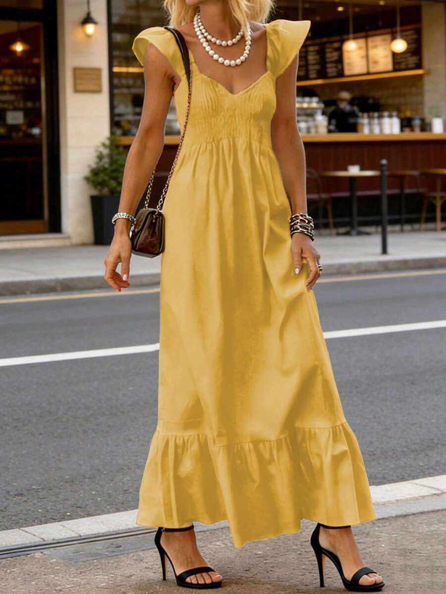 女士春夏连衣裙，红色，时尚休闲，纯色，简约舒适，无肩带设计，优雅短袖连衣裙 - 芥末黃 - 查看 1