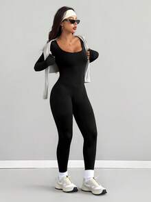 AITYI Studio Women's Jumpsuit, Slim Fit, Casual U-Neck Solid Color Design, Fashionable And Sexy Slim Fit, Comfortable For Outdoor Sports, Versatile And Practical, Suitable For Graduation Ceremony, New Year, Valentine's Day, Autumn/Winter Season. Elastic Knit Long Sleeve Slim Fit Jumpsuit - Black - View 6