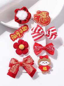 8个装女孩/青少年欧美风节日红色卡通组合发夹，中国新年吉祥设计 - 紅色 - 查看 8