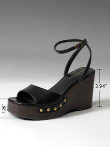 Women's Wedge Sandals 3.94inch Platform Square-Toe Dressy Ankle Buckle Studded Fashion Elegant Sandals Summer Black Shoes - màu đen - Xem 5