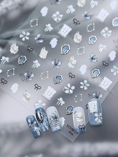 1pc Silver Foil Retro Butterfly Nail Art Stickers, Autumn & Winter Style Nail Art Accessories