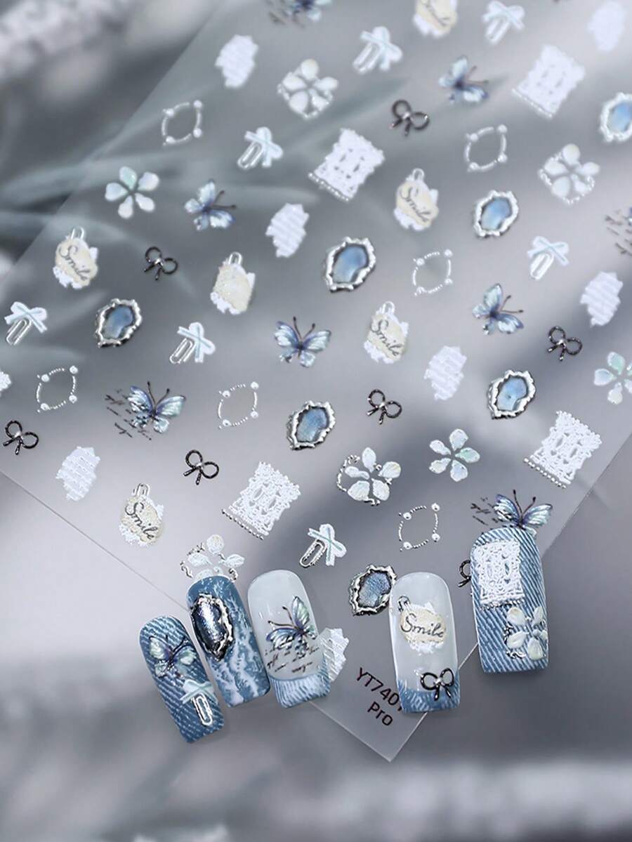 1pc Silver Foil Retro Butterfly Nail Art Stickers, Autumn & Winter Style Nail Art Accessories - Multicolor - View 1