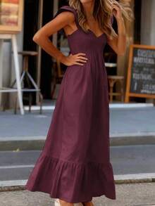 女士春夏连衣裙，红色，时尚休闲，纯色，简约舒适，无肩带设计，优雅短袖连衣裙