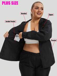 Plus Size Women's Lightweight Waterproof Rain Jacket With Hood And Zipper, Windproof Raincoat - Black - View 4