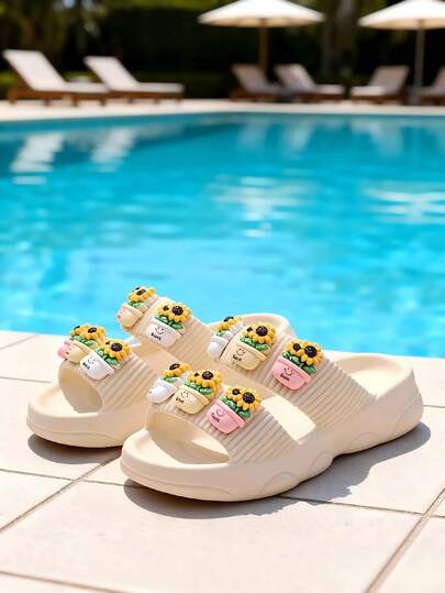 1 Pair Girls' Lightweight Rubber Base + Double Strap Design + Multicolor Sunflower Pot Decor + Non-Slip Textured Sole Open Toe Sandals, Cute & Casual Style Suitable For Summer 2-6 Years Old