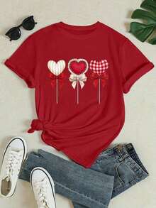 Camiseta casual para mujer, con estampado de corazón de cómic para el Día de San Valentín, suelta y cómoda, Camiseta del Medio Tiempo 2026 - Rojo 2 - Ver 3