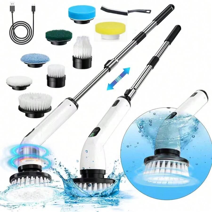 2025 Electric Rotating Cleaning Brush, Rechargeable Cleaning Brush, Shower Cleaning Brush With 9 Brush Heads, 2 Hours Of Battery Life, Dual Speed Adjustment, Retractable Handle, IPX7 Waterproof, Suitable For Bathtubs, Tiles, Floors, Cars, Halloween And Christmas Gifts, Household Essentials - 白色 - 查看 1