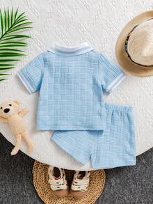 男士夏季新款提花面料 Polo 领刺绣小熊上衣和休闲短裤两件套 - 淺色水洗藍 - 查看 2