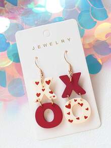 1 Pair New Valentine's Day Resin XO Heart Print Contrast Color Earrings For Girls