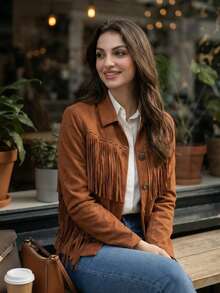 Women's Luxury Brown Suede Fringe Jacket, Elegant Rivet Fringe Coat, Fashion Denim Girl Party Nightlife Streetwear Bohemian Style Outerwear, Spring To Summer - Brown - View 1