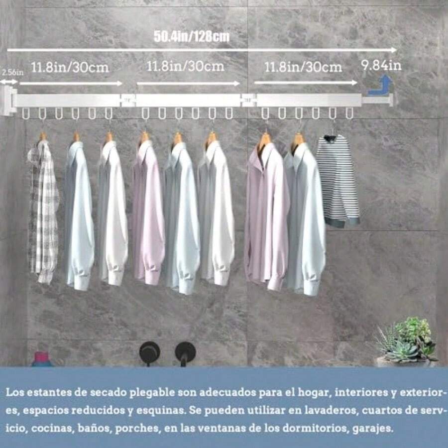 Tendedero de ParedEstante de Ropa Retractil para Ahorro de Espacio Capacidad de Carga 35KG Con 18 Ganchos y 1 Barra Ángulo Ajustable 360° Tendedero Plegable para Ropa para Balcón Interior y Exterior - blanco - Ver 1