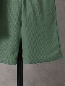 青少年夏季短袖Polo衫和网眼短裤两件套，撞色华夫格纹理，透气休闲运动风套装