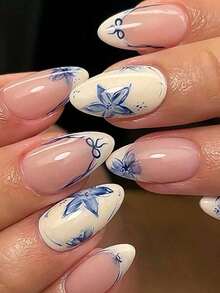 24Pcs French Blue And White Nails Press On Bowknot Decor False Nails Blueberry Fake Nails Short Almond Shape Nails Art Manicure Set Includes 1Sheet Adhesive Tabs & 1Pc Mini File Perfect For Everyday Wear Nail Supplies Nails(Random Delivery) - Ngẫu nhiên - Xem 2