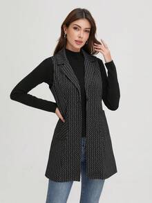 1pc Striped Knit Fabric Sleeveless Jacket With Pockets, Suitable For Everyday Wear In Spring, Summer, And Autumn - Black - View 5