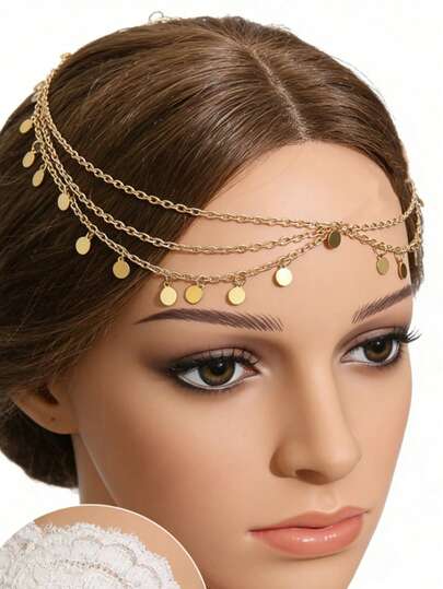 1pc Bridal Hair Accessory Headband, Glitter Wavy Tassel Chain Headpiece For Holiday Party, Street Style