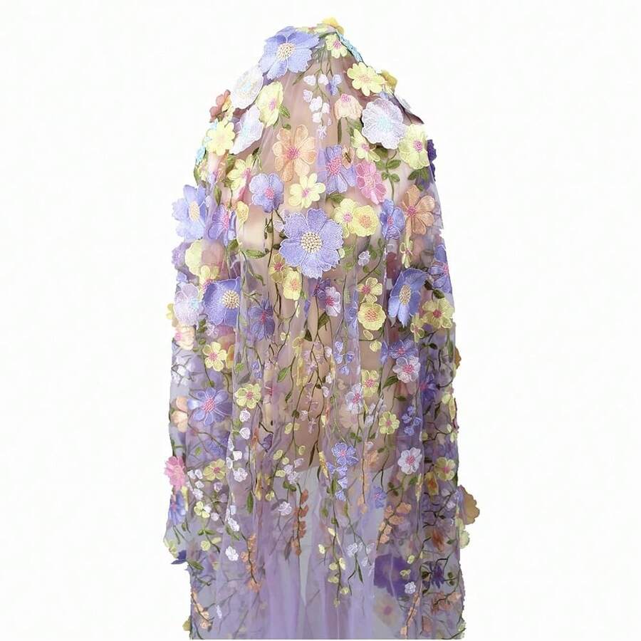 [Free Shipping]1 Yard Purple 3D Flowers Heavy Embroidery Lace Floral Fabric For Sewing Dresses Jacket Jeans (Purple Mesh,1 Yard) - Màu tím - Xem 1