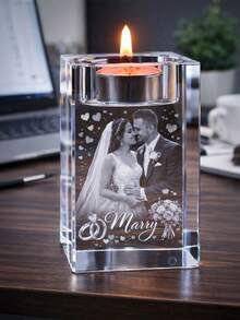 1pc Customized Photo & Text Personalized Crystal Candle Holder, Transforming Photo Into 3D Visual Pattern, Warm And Touching, Suitable As Father's Day, Birthday Gift, Memorial Decoration Or Home & Office Decor, Exclusive Custom Memorial Item To Express Family Sentiment