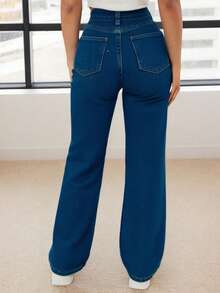 Pantalón de Mezclilla Mujer Jeans de Wide Leg Pierna Ancha Corte Recto Tiro Alto - Azul Marino - Ver 3