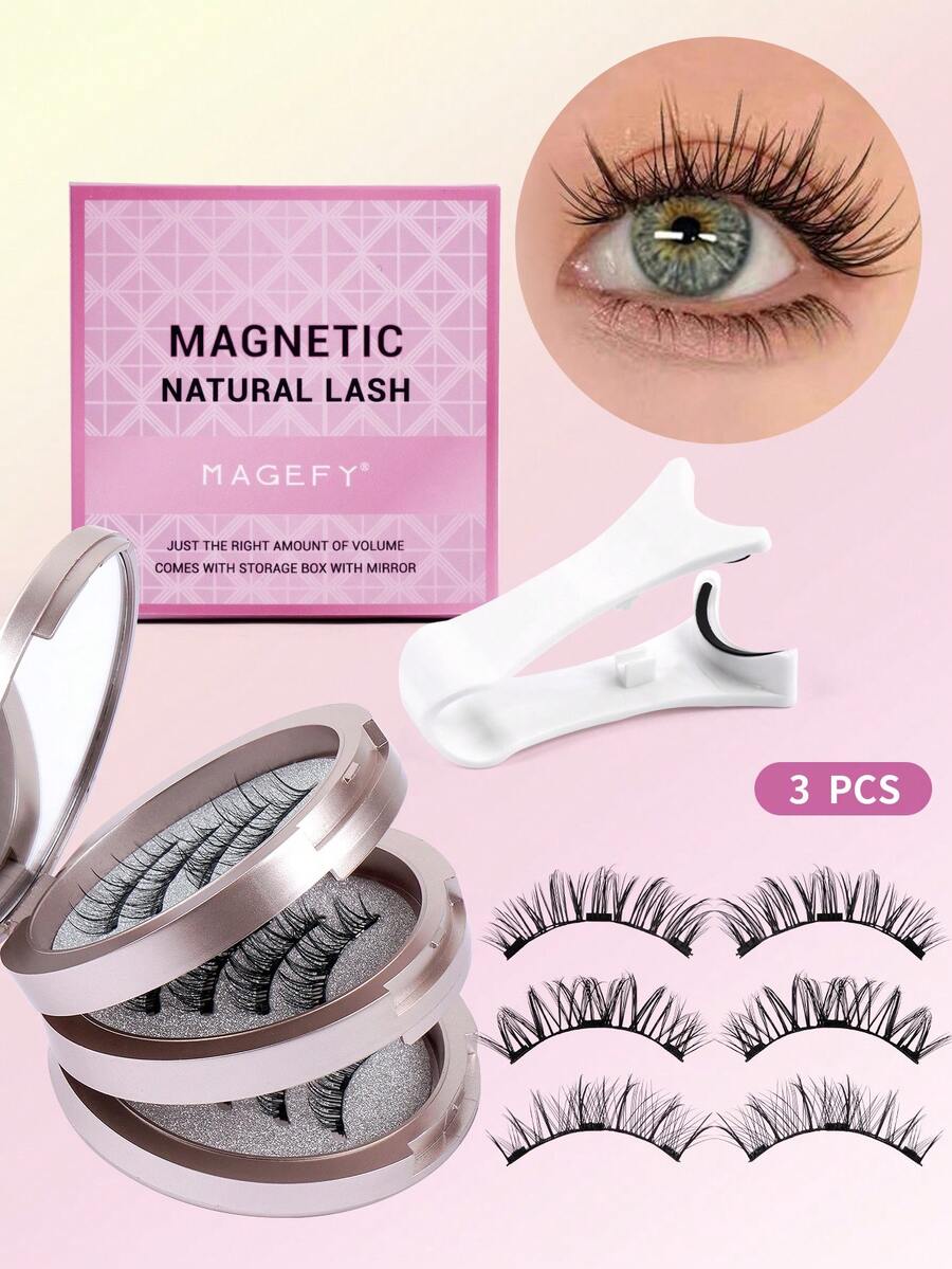 MAGEFY 3 Pairs Magnetic False Eyelashes Set With Magnetic Clips, Mixed Styles, No Glue Needed, Reusable Natural Looking Faux Mink Lashes, Suitable For Daily Wear, Waterproof, Cartoon Style, Elongated Outer Corner Design To Enlarge Eyes, Thin And Long, Ideal For Travel, Beach Vacation, Camping, And As A Gift For Women - Mi tự nhiên - Xem 1