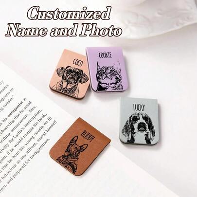 Personalized Magnetic Leather Bookmarks With Sketched Dog And Cat Face Patterns, Customizable With Name, Perfect For School And Office Supplies, Also Great Gifts For Pet Lovers And Bookworms