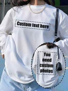 Women's Long Sleeve T-Shirt, Personalized Photo And Text Printing On Front And Back, Casual Sports Top White - White - View 1