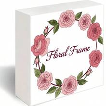 White Decorative Wooden Box With Circular Pink Rose Wreath & 'Floral Frame' Cursive Text - Elegant Soft Pink & Green Floral Theme Storage/Decor Block, Subtle 3D Shadow Design - White - View 1