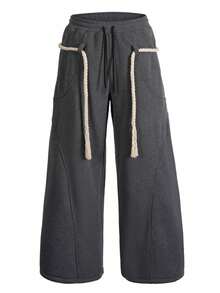 Men's Grey Thick Rope Drawstring Loose Wide Leg Casual Pants - Dark Grey - View 5