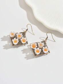 1 par de pendientes colgantes con flores y formas geométricas, pendientes vintage con flor hueca de acrílico blanco y amarillo con colgante de loto 3D, con marco de bronce antiguo, joyería de moda para uso diario, fiestas, citas, regalo del Día de la Madre - Bronce - Ver 2