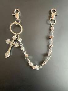 1pc Dice & Cross Patchwork Waist Chain, Fashionable Punk Personalized Street Hip-Hop Pant Chain, Unisex Retro - Ancient Silver - View 8