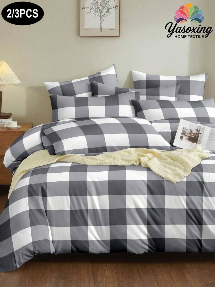 Bộ chăn ga gối 2/3 món kẻ caro đen trắng, mềm mại và thoáng khí, chống nhăn, cải thiện chất lượng giấc ngủ, phong cách khách sạn sang trọng, quà tặng cho bố mẹ và bạn bè, 1 vỏ chăn chần bông hai mặt, 1/2 vỏ gối, có các kích cỡ: Super King, King, Queen, Twin - Đen và trắng - Xem 1