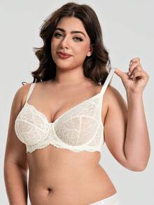 WINGSLOVE Plus Size Floral Lace Bra - Sheer Design, Wireless & Unpadded, Flattering For Larger Bust, Comfortable For Everyday Wear - White - View 5