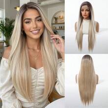 华丽银灰金色13x4高清蕾丝前假发，丝滑直发，自然发际线，耐热合成纤维，打造日常优雅造型，30英寸 - 彩色 - 查看 13