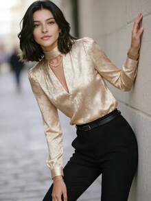 Elegant Jacquard Floral Long Sleeve Shirt With Luxurious Sheen, Suitable For Office Wear, Formal Events, Dates, Or Upscale Gatherings Vacation - Apricot - View 5