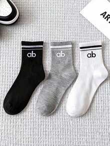 3双装女士纯色运动袜，瑜伽中筒袜，休闲简约风格，舒适柔软，男女通用情侣款设计，适合所有季节 - 彩色 - 查看 4